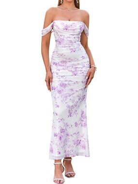 Women Lavender Floral Corset Ruched Off The Shoulder Bodycon Cocktail Maxi Dress